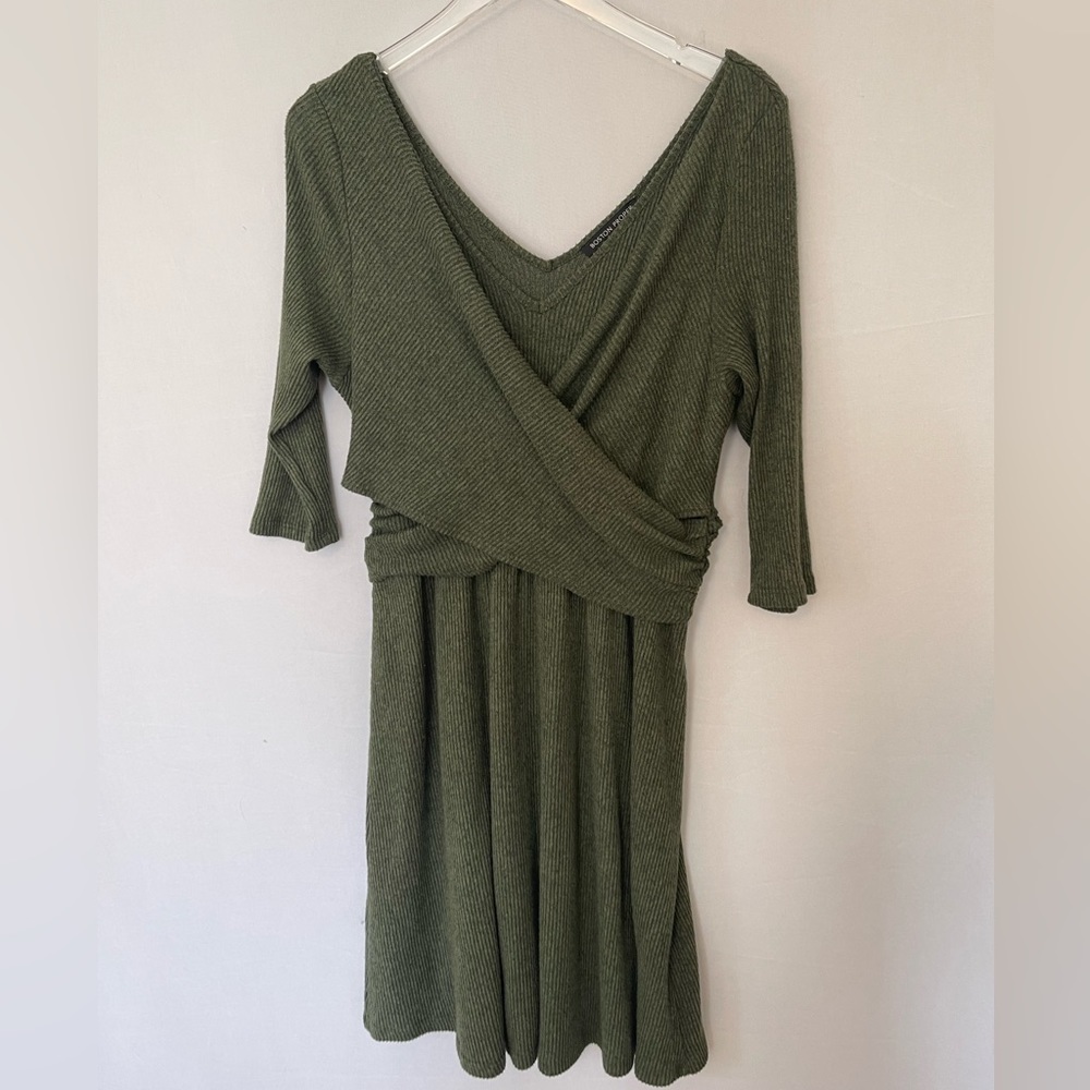 Green Ribbed‎ Knit Wrap Dress Boston Proper Large - Picture 2 of 9